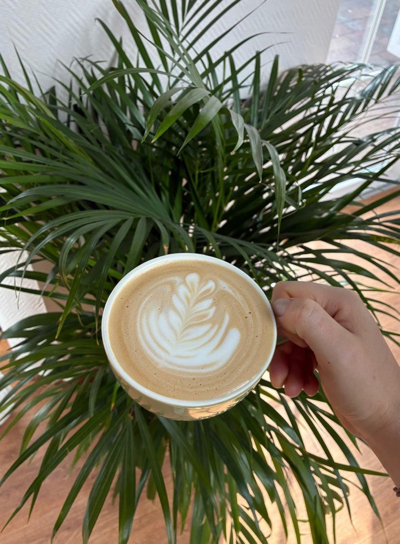 Cappuccino mit Latte-Art vor einer grünen Palme